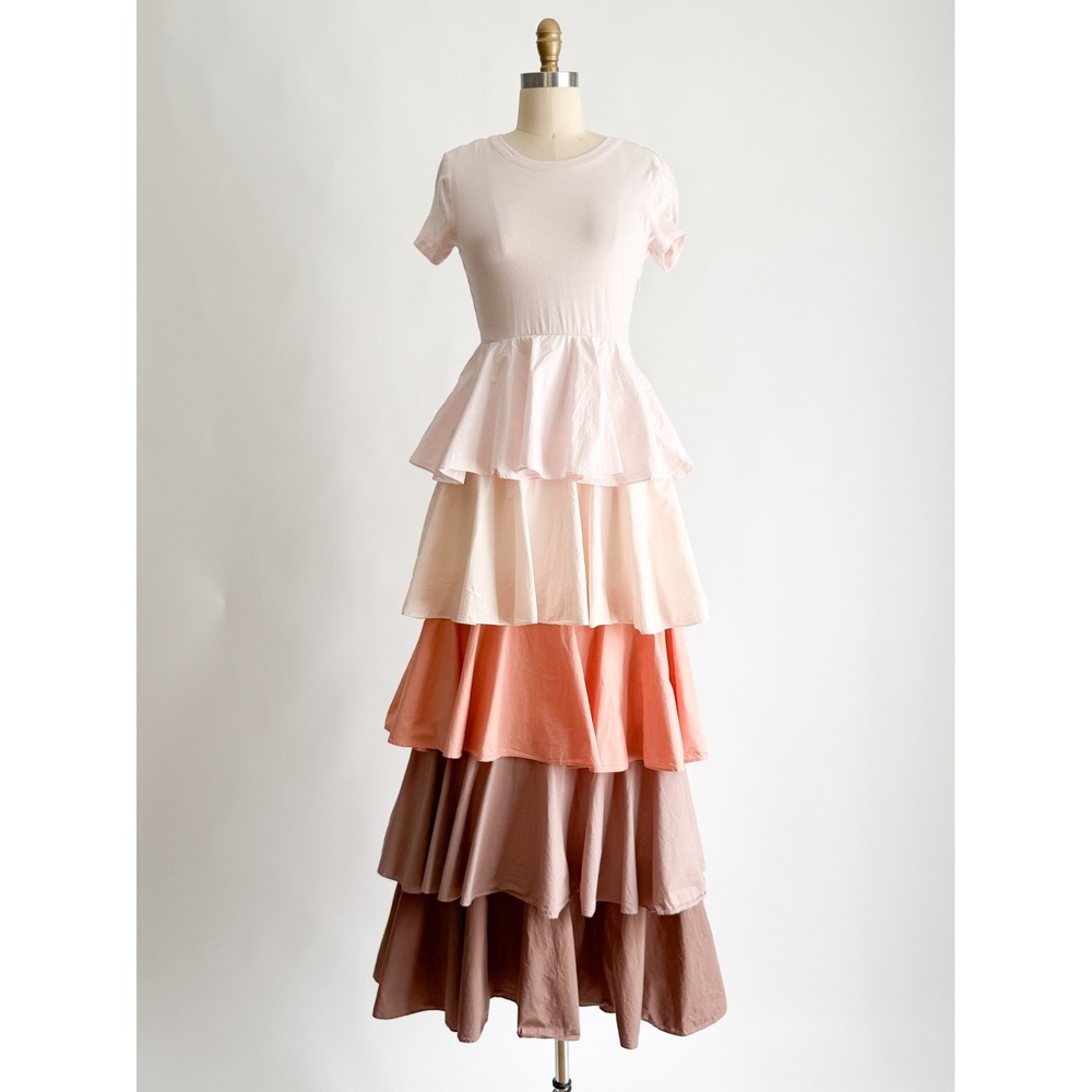 Something Navy Tiered Ombre Maxi Dress S Pink Coral Mauve Short Sleeve Cotton